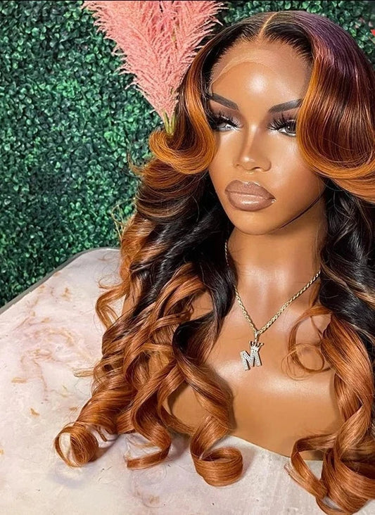 Ombre Ginger Brown Body Wave Highlight 13x6 Lace Frontal Wig
